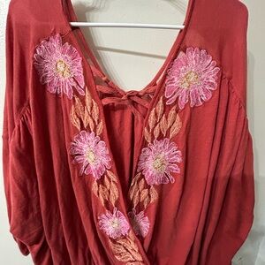 Free People Embroidered Floral Boho Peasant Top Balloon Sleeve